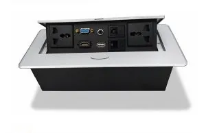Cận cảnh hệ thống hộp điện âm bàn trên mặt bàn họp cao cấp